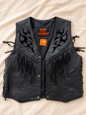 Women’s Hot Leathers Black Moto Leather Fringe Vest